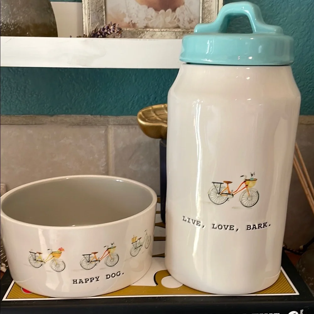 Rae Dunn White and Blue Dog Bowl and Feeder Set